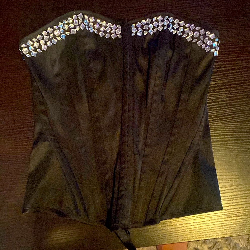 Black satin corset with rhinestones